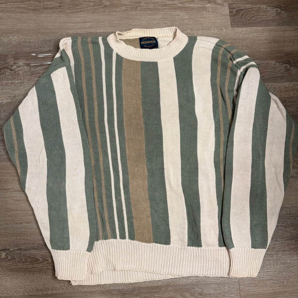 Weekends Vintage Striped Sweater Mens Large Green Tan Cream Ramie Cotton Knit